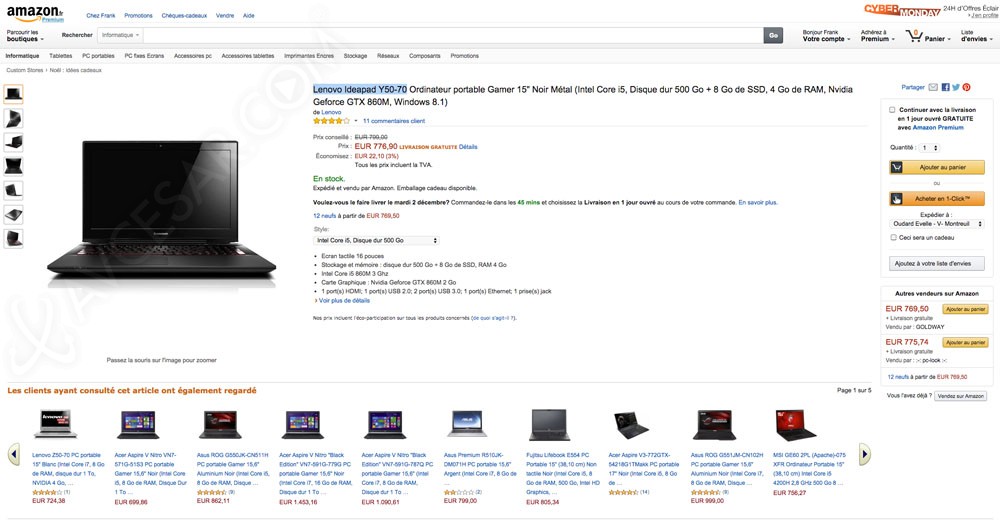 Cyber Monday Amazon PC portable « Gamer » 12 Lenovo Ideapad Y5070