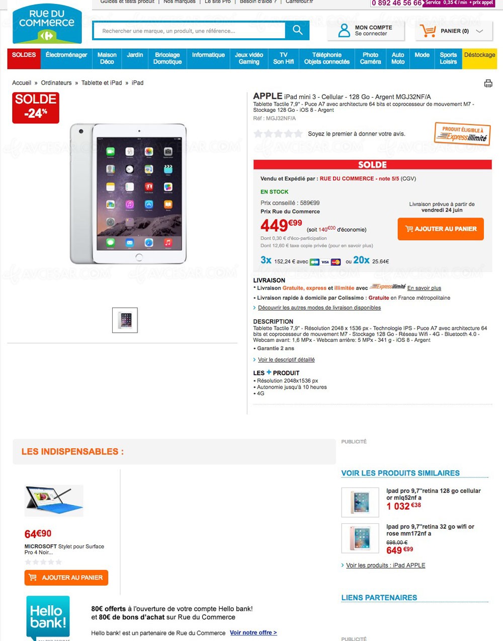 Solde Rue Du Commerce 24 Apple Ipad Mini 3 128 Go Wi Fi 4g