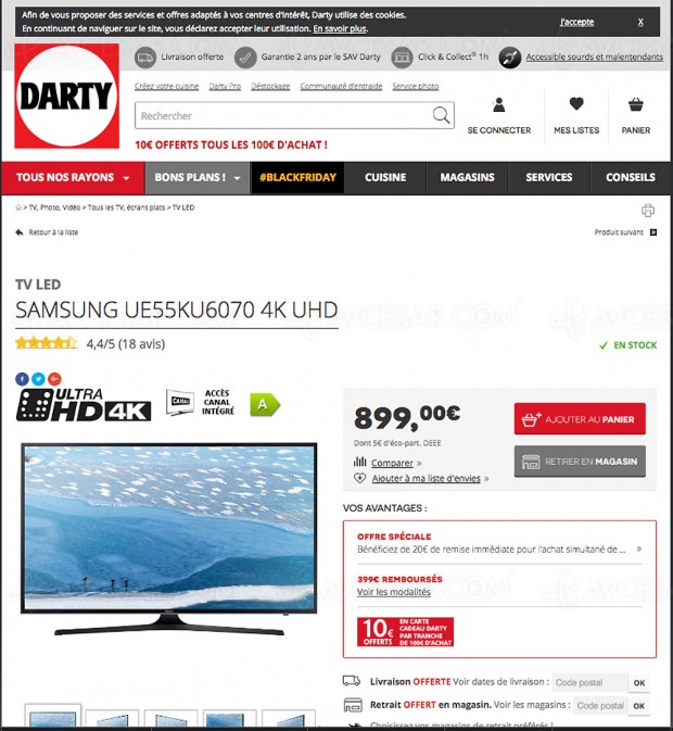 Black Friday Darty, TV Samsung UE55KU6070 à -44,5%