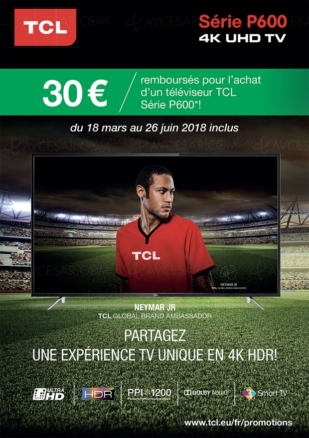 Offre de remboursement TV LED Ultra HD TCL P600, 30 € remboursés pour l'achat d'un 43''