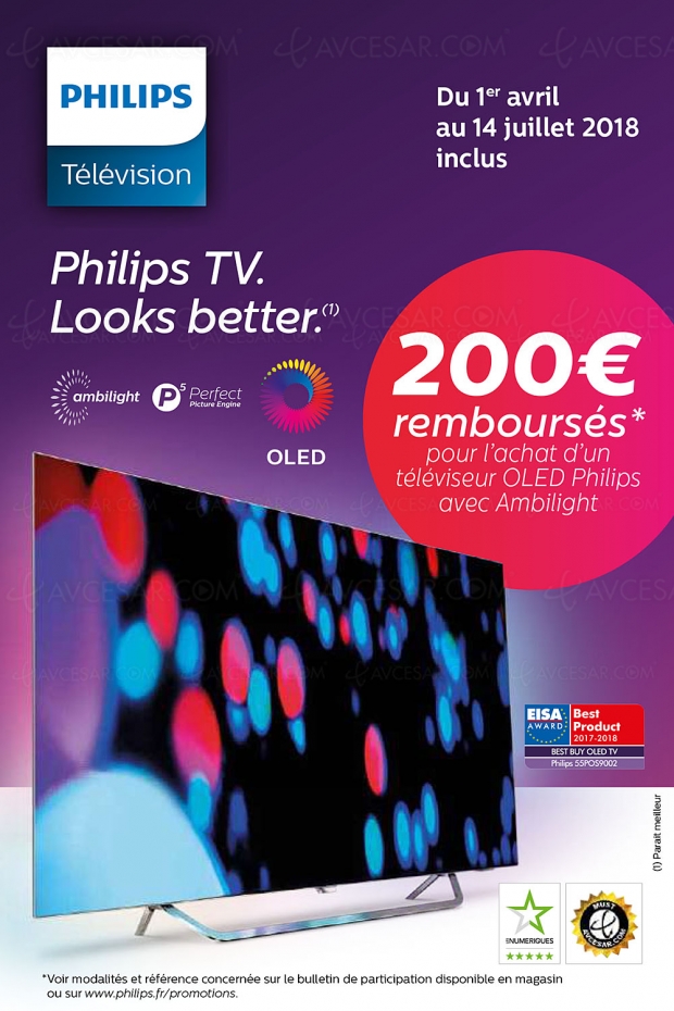 Prolongation offre de remboursement TV Oled Ultra HD Ambilight Philips 55POS9002, 200 € remboursés