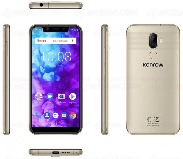 Smartphone Konrow Must : Octa Core, Android 8.0, double capteur APN 13 Mpxls + 2 Mpxls, 4 Go de Ram, 64 Go