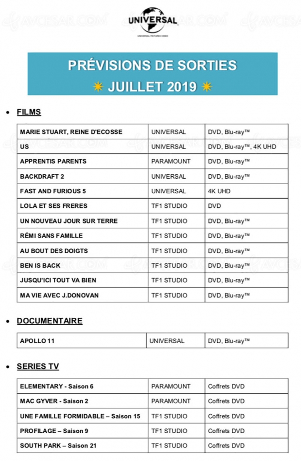 Universal dévoile son planning 4K de juillet et intègre la distribution des titres TF1 Vidéo
