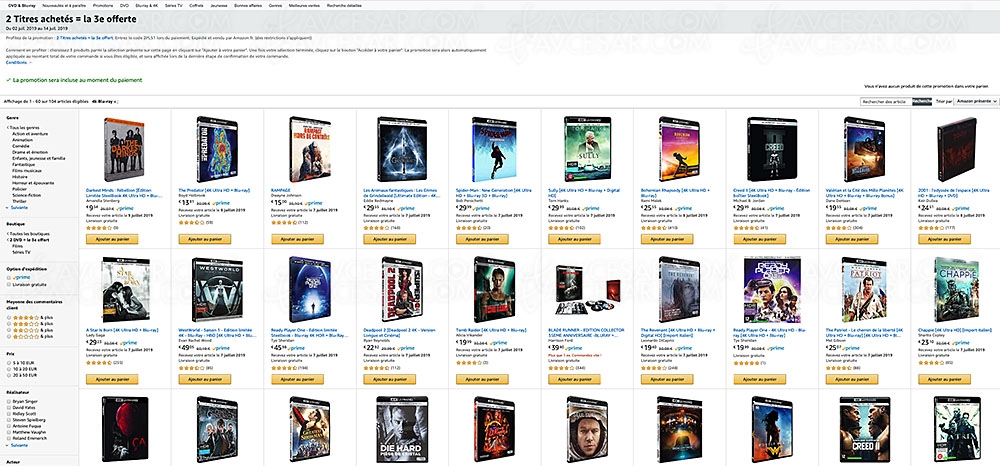 Promo Amazon, deux&nbsp;4K Blu&#8209;Ray achetés, un troisième offert parmi 104&nbsp;titres