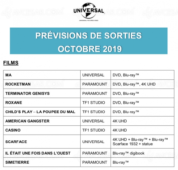 Scarface 4K, Casino 4K, Rocketman 4K, American Gangster 4K, l'incroyable planning Universal