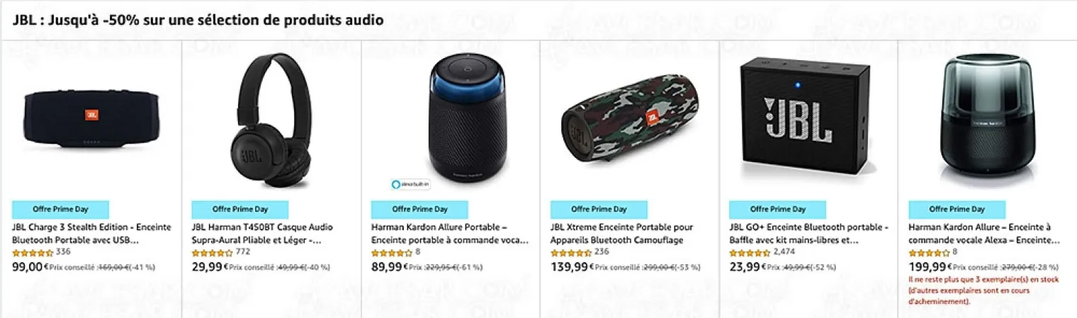 amazon-prime-day-2019-jbl-charge-3-jbl-xtrem-jbl-go-jbl-t450bt-et-harman-kardon-allure-jusqu-a-61