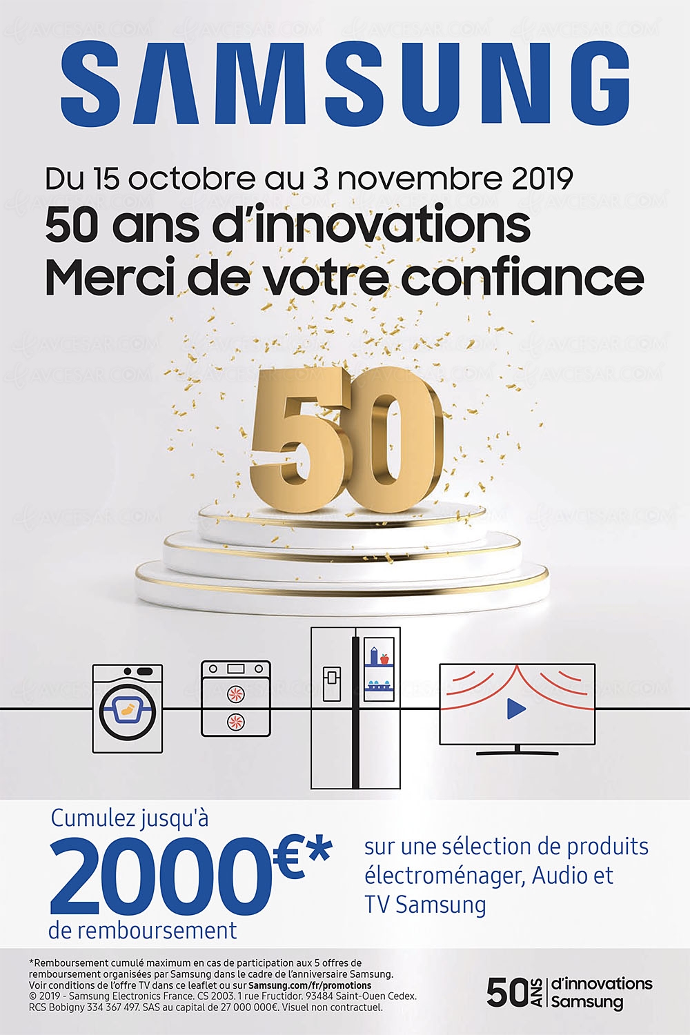Offre de remboursement TV Samsung QLED et&nbsp;Ultra&nbsp;HD 50e&nbsp;anniversaire, jusqu'à 1&nbsp;000&nbsp;€&nbsp;remboursés
