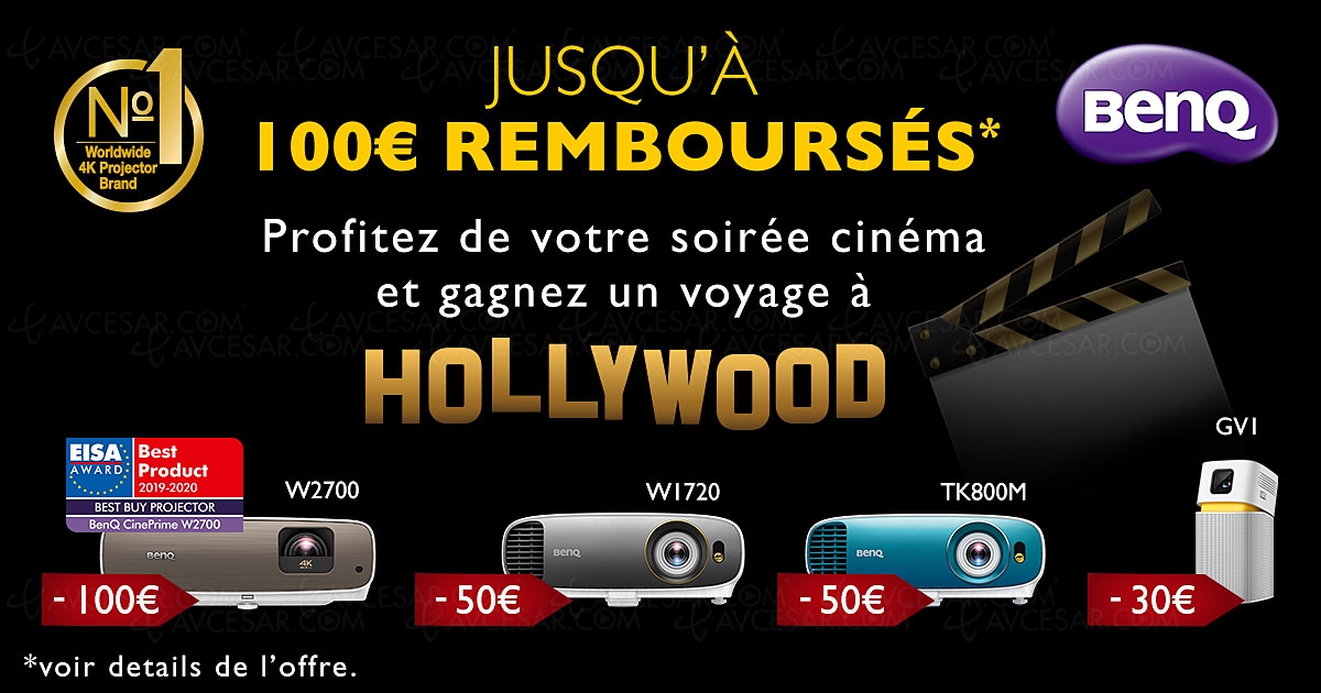 Offre de remboursement vidéoprojecteur Ultra&nbsp;HD/4K BenQ, jusqu'à 100&nbsp;€ remboursés et un voyage à Hollywood à&nbsp;gagner