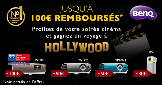 Offre de remboursement vidéoprojecteur Ultra HD/4K BenQ, jusqu'à 100 € remboursés et un voyage à Hollywood à gagner