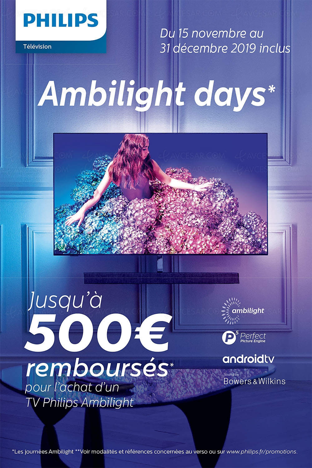 Offre de remboursement Philips TV&nbsp;Ultra&nbsp;HD/4K Ambilight&nbsp;Days, jusqu'à 500&nbsp;€&nbsp;remboursés