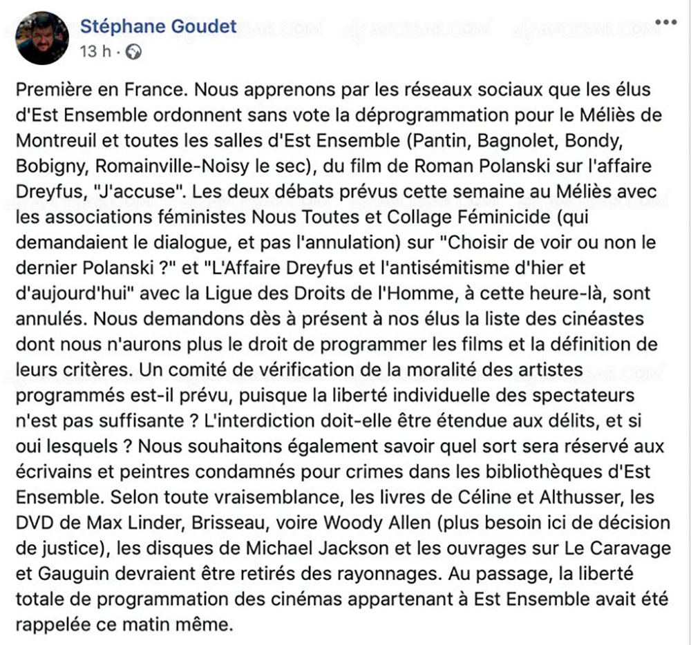 J'accuse de Polanski déprogrammé par les élus de la collectivité Est Ensemble (Montreuil, Pantin,&nbsp;Bagnolet…)
