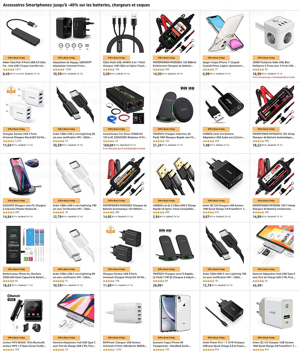 Cyber Monday 2019 > Amazon accessoires&nbsp;smartphones&nbsp;: batterie, chargeur, câbles, coques jusqu'à&nbsp;40% de&nbsp;remise