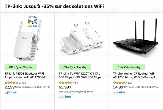 Cyber Monday 2019 > Amazon, solution Wi‑Fi/CPL TP Link, jusqu'à 35% de remise