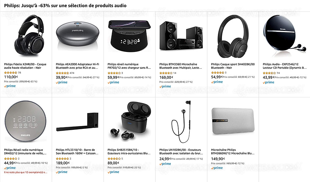 Ventes flash Noël 2019 > Amazon, matériels Philips (casque, écouteurs, platine&nbsp;CD, microchaîne,&nbsp;réveil…), jusqu'à&nbsp;63% de&nbsp;remise