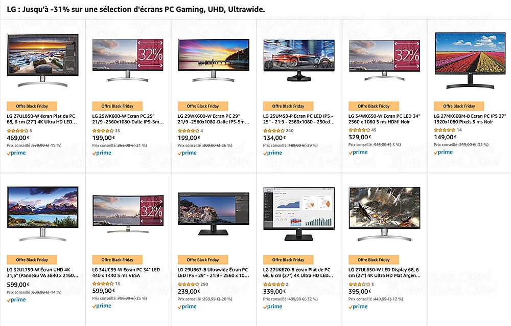Ventes flash Noël 2019 > Amazon, sélection moniteurs Gaming jusqu'à &#8209;36% de&nbsp;remise