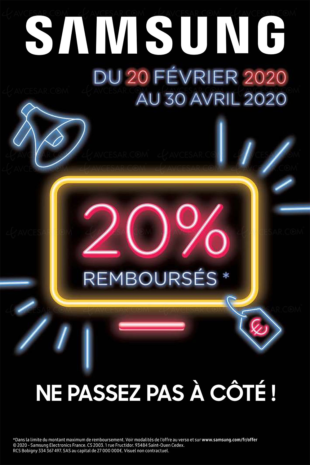 Offre de remboursement TV&nbsp;Samsung&nbsp;QLED et TV&nbsp;Ultra&nbsp;HD&nbsp;4K, 20% du&nbsp;prix payé remboursés (jusqu'à 1&nbsp;500&nbsp;€&nbsp;maximum)