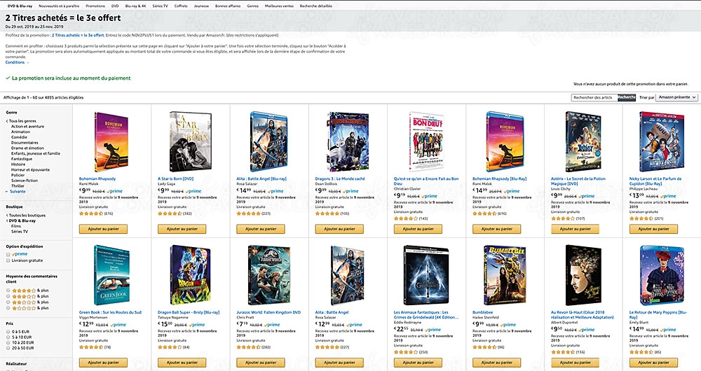 Promo Amazon, deux 4K&nbsp;Ultra&nbsp;HD/Blu&#8209;Ray/DVD achetés, un troisième&nbsp;offert