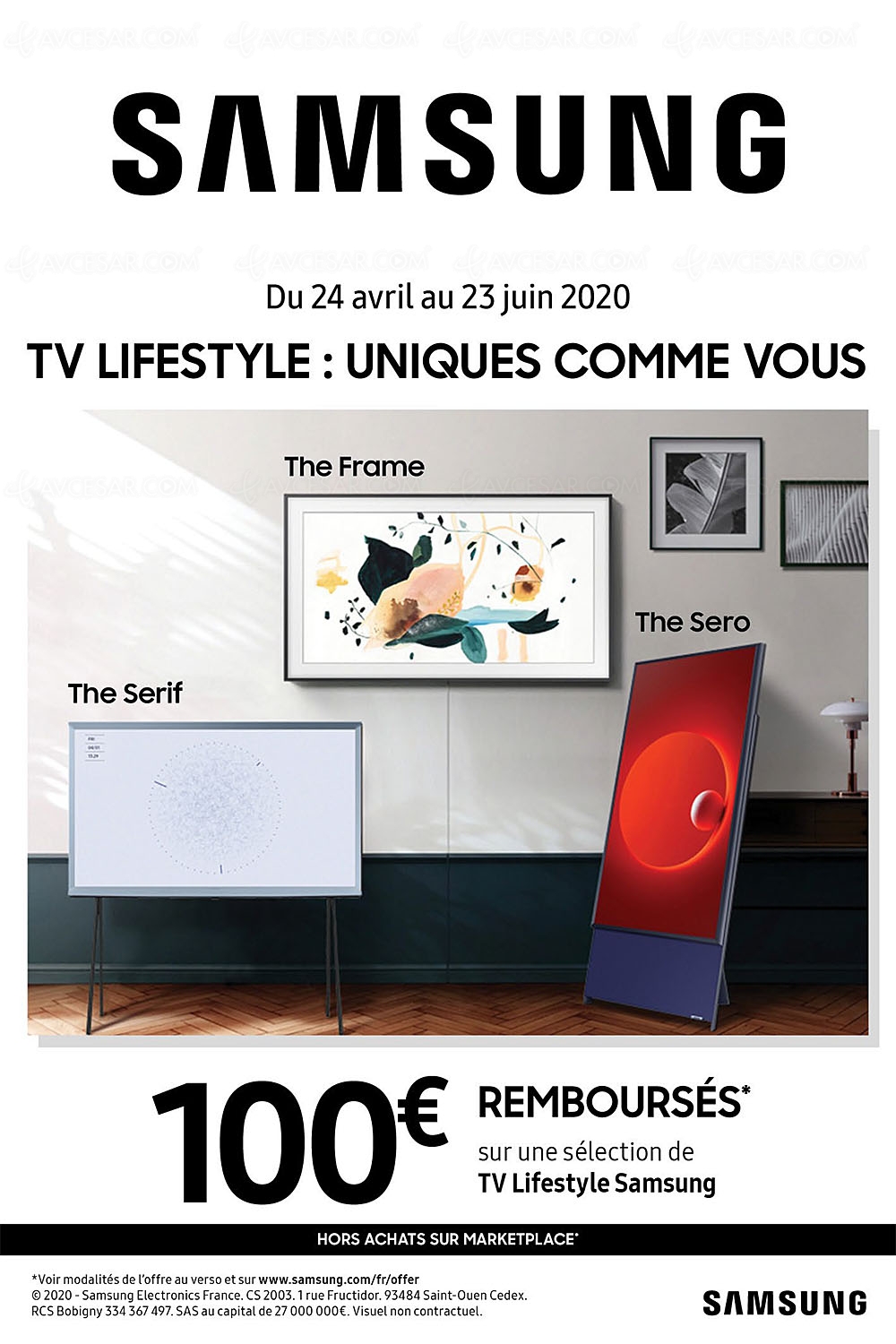 Offre de remboursement 100&nbsp;€ pour un TV&nbsp;Samsung The&nbsp;Frame, The&nbsp;Serif ou&nbsp;The&nbsp;Sero
