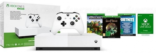 Soldes CDiscount.com, Xbox One S All Digital + 3 jeux (Fortnite, Sea of Thieves et Minecraft) + 1 mois au Xbox Live Gold à 149,99 €, soit ‑35% de réduction