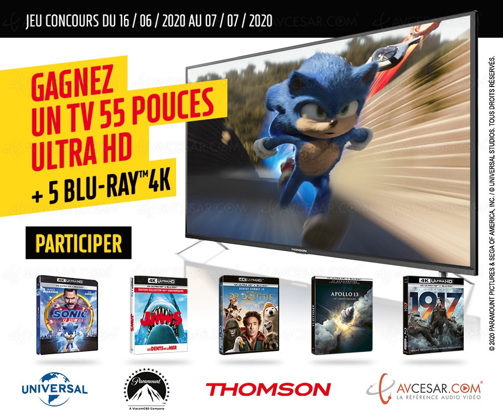 Concours Thomson/Paramount/Universal, tentez de gagner un Smart Android&nbsp;TV UHD 4K et&nbsp;5&nbsp;films 4K&nbsp;Ultra&nbsp;HD