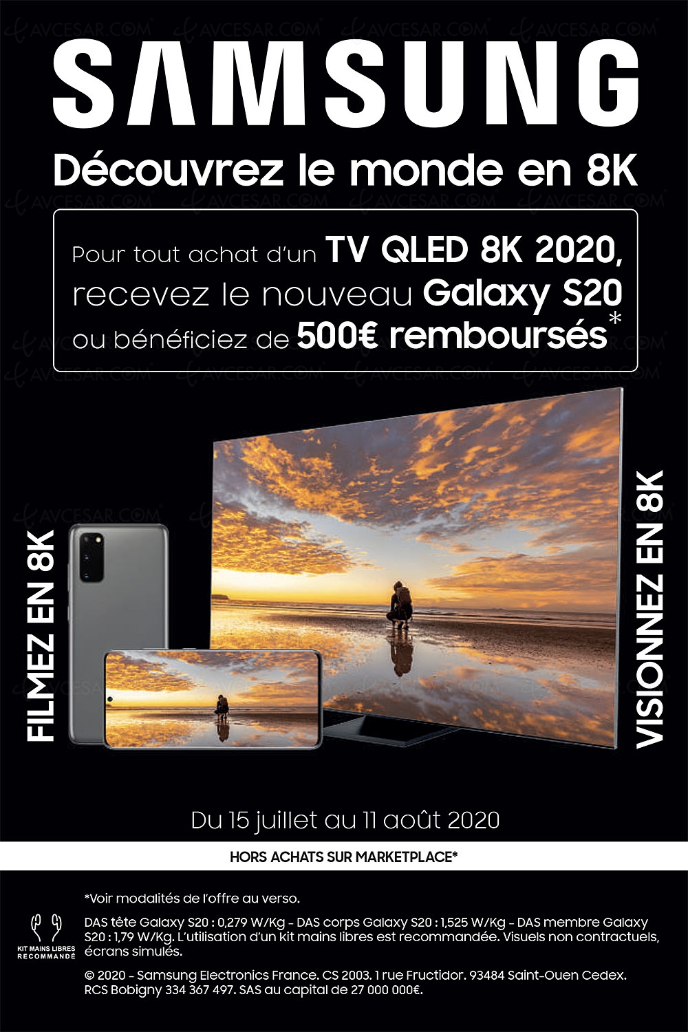 Offre de remboursement TV Samsung QLED&nbsp;8K Q800T/Q950T, 500&nbsp;€ remboursés ou un smartphone Galaxy&nbsp;S20&nbsp;offert