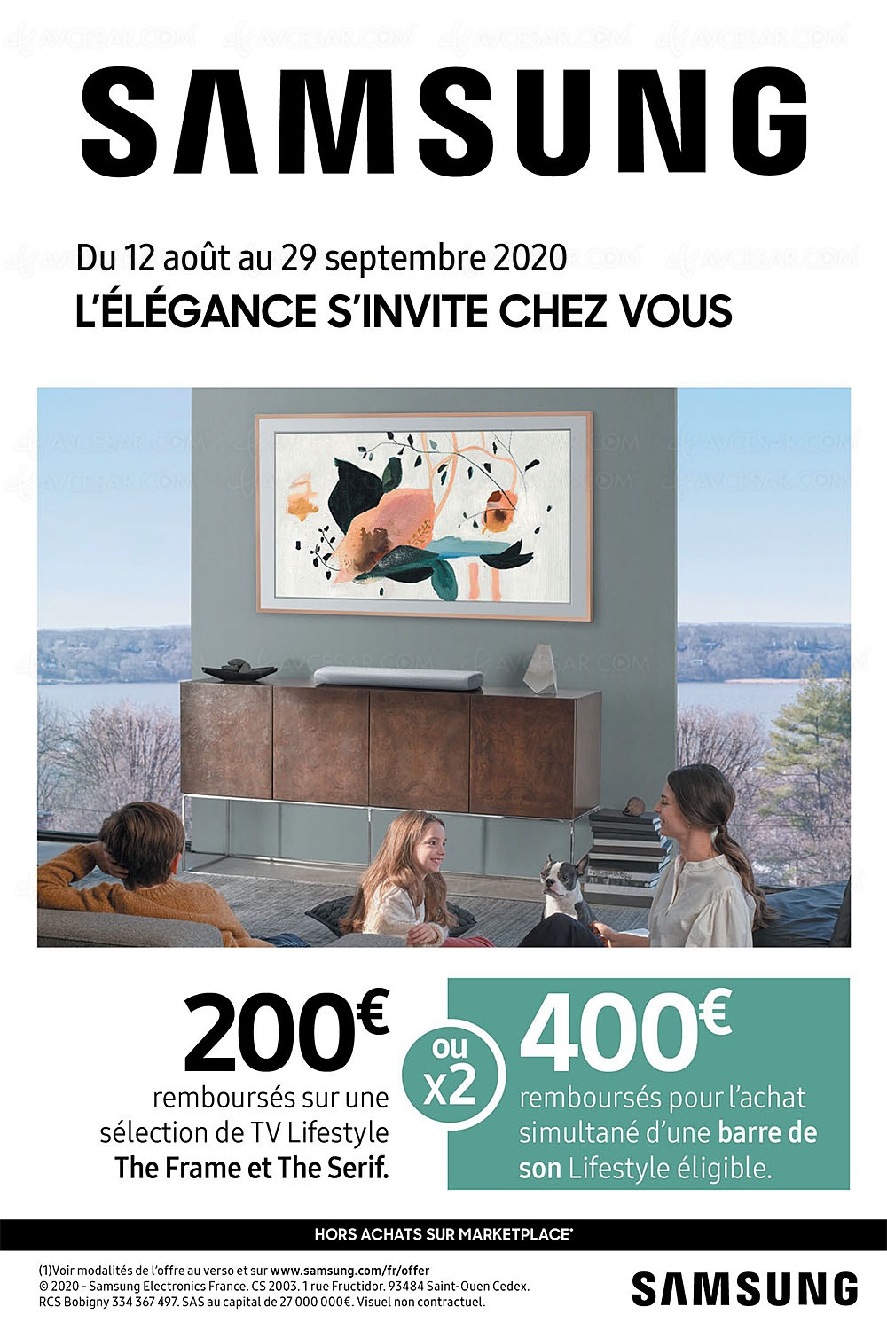 Offre de remboursement&nbsp;TV Samsung The&nbsp;Frame/The&nbsp;Serif, 200&nbsp;€ remboursés, 400&nbsp;€ avec l'achat d'une barre&nbsp;de&nbsp;son