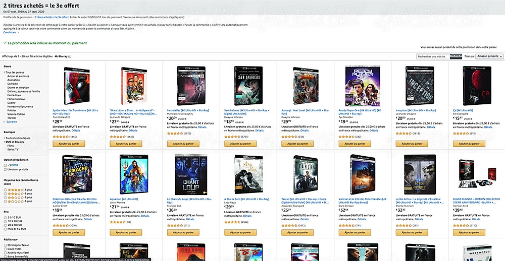 Amazon, deux 4K Ultra&nbsp;HD/Blu&#8209;Ray achetés, un troisième offert parmi 2&nbsp;596&nbsp;titres