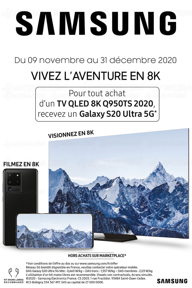 Samsung Galaxy S20 Ultra 5G 128 Go offert pour l'achat d'un TV QLED 8K Samsung Q950TS