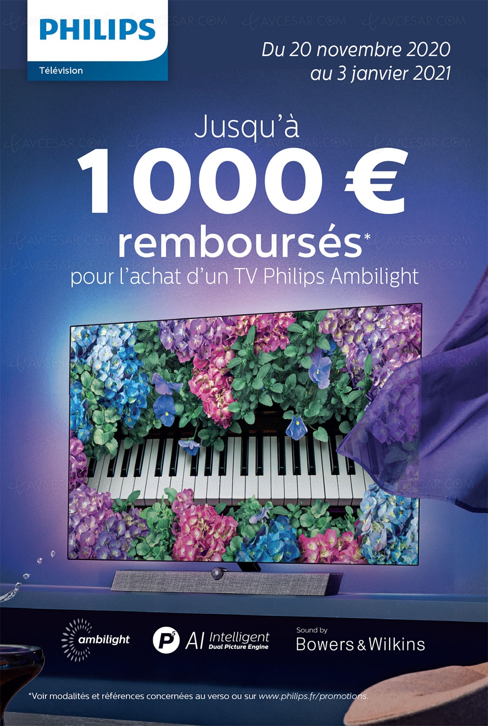 Offre de remboursement TV&nbsp;Philips&nbsp;Ambilight prolongée, jusqu'à 1&nbsp;000&nbsp;€&nbsp;remboursés
