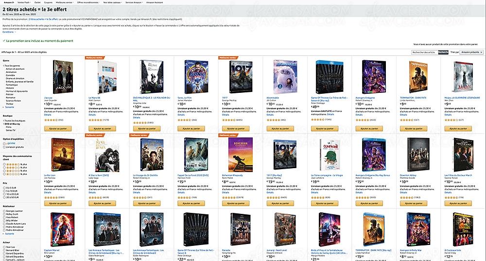 Amazon, deux 4K Ultra&nbsp;HD/Blu&#8209;Ray/DVD achetés, un troisième offert parmi 6&nbsp;606&nbsp;titres