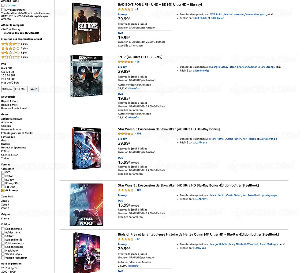 Bons plans Noël 2020 Amazon, 1&nbsp;000 coffrets 4K Ultra&nbsp;HD Blu&#8209;Ray jusqu'à&nbsp;&#8209;67%