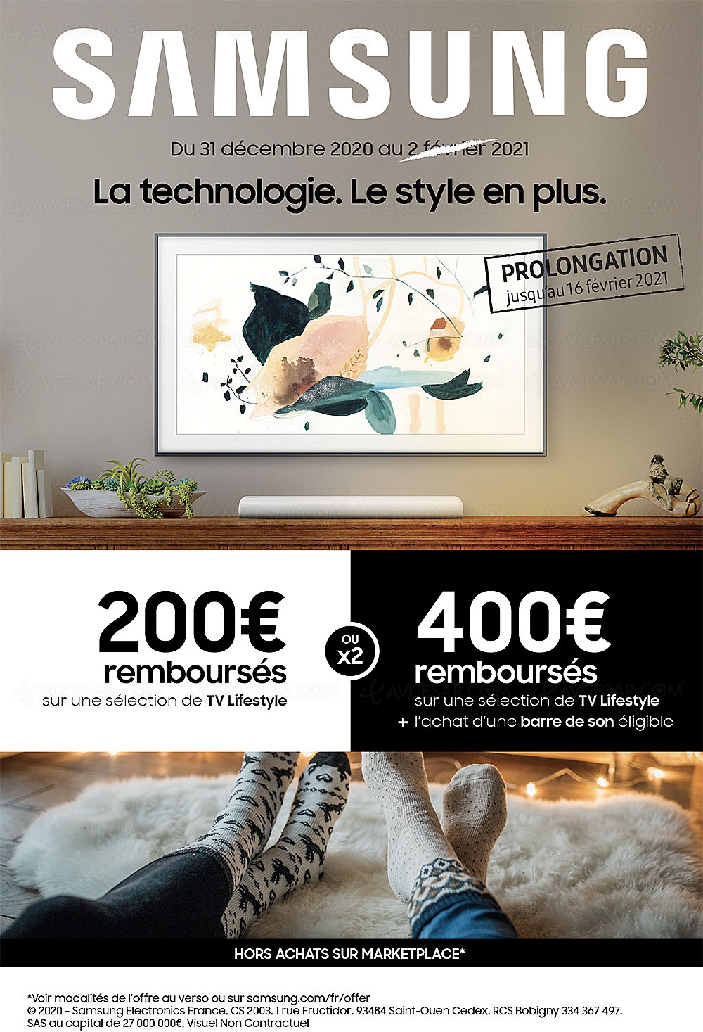 Offre de remboursement TV Samsung The&nbsp;Frame/The&nbsp;Serif, 200&nbsp;€ remboursés, 400&nbsp;€ avec l'achat d'une barre&nbsp;de&nbsp;son