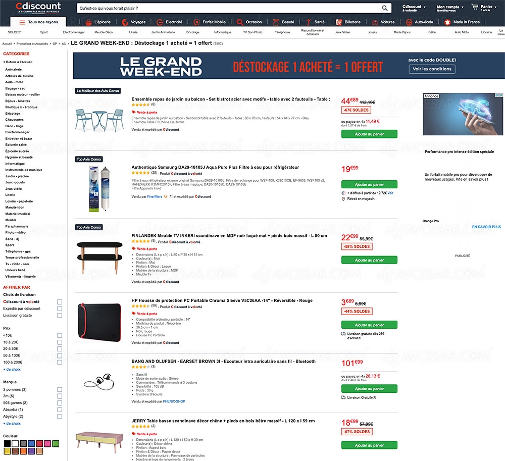 Soldes CDiscount Le Grand Week&#8209;End&nbsp;: opération déstockage, 1&nbsp;article offert pour&nbsp;1&nbsp;acheté