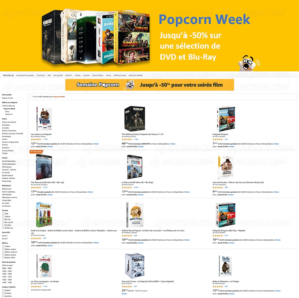 Amazon, 402&nbsp;films 4K&nbsp;Ultra&nbsp;HD, Blu&#8209;Ray et&nbsp;DVD jusqu'à&nbsp;&#8209;56% de&nbsp;remise
