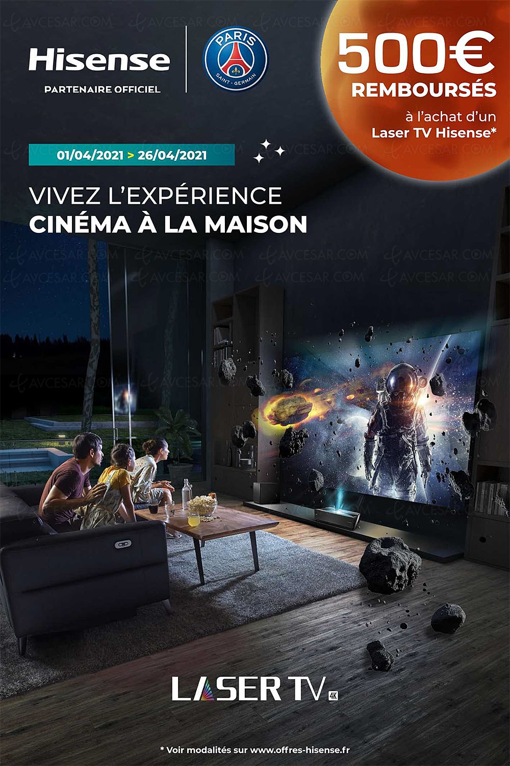 Offre de remboursement Hisense Laser&nbsp;TV&nbsp;88''/100'', 500&nbsp;€&nbsp;remboursés