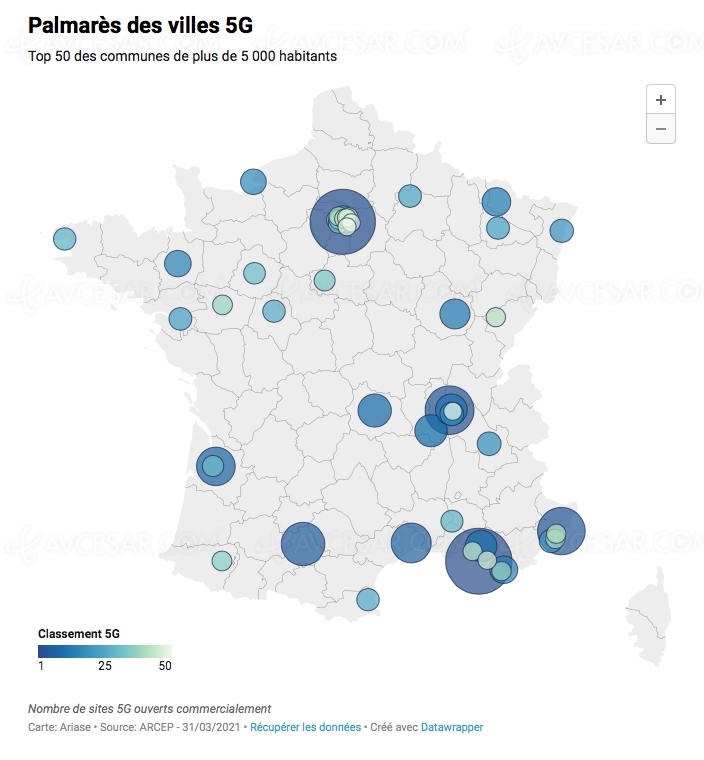 Classement des villes françaises les mieux couvertes par&nbsp;la&nbsp;5G
