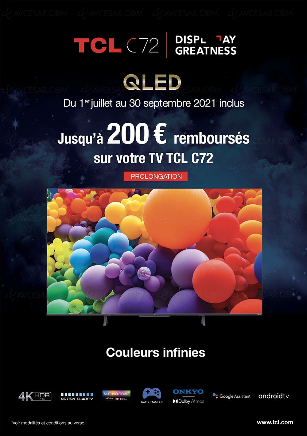 Offre de remboursement TV Ultra&nbsp;HD 4K TCL&nbsp;C725, jusqu'à 200&nbsp;€&nbsp;remboursés