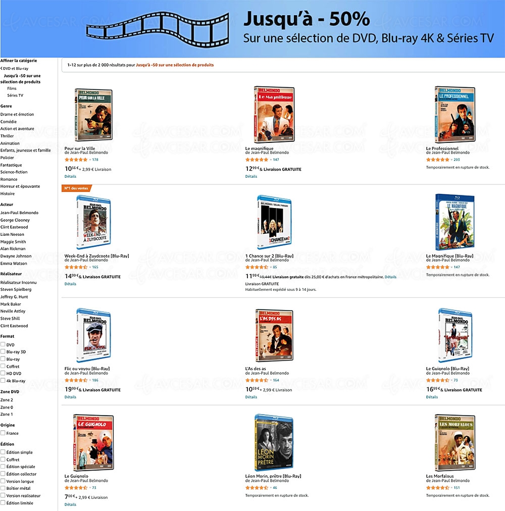 Amazon, 2&nbsp;000 4K&nbsp;Ultra&nbsp;HD, Blu&#8209;Ray et&nbsp;DVD jusqu'à&nbsp;&#8209;50%