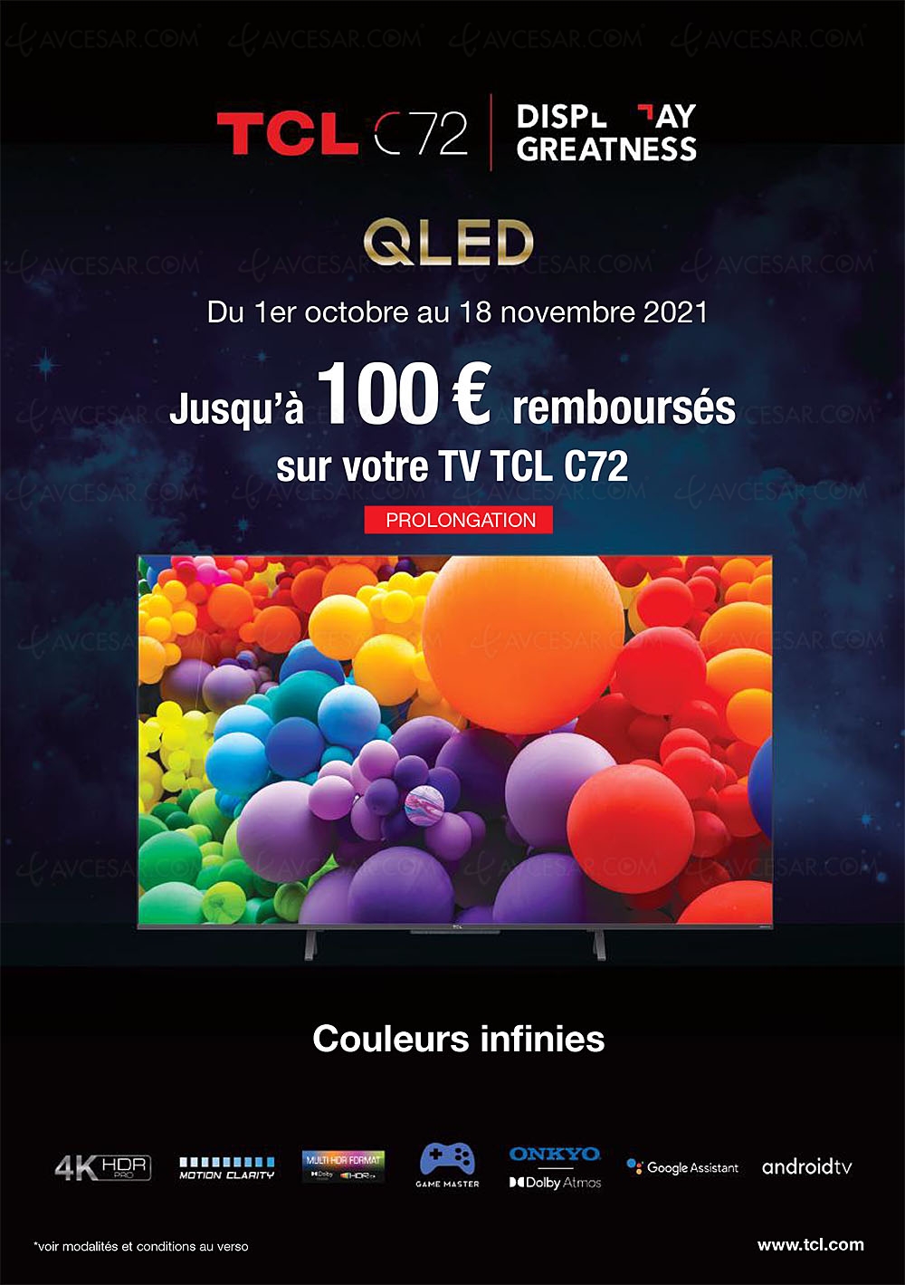 Offre de remboursement TV Ultra&nbsp;HD 4K TCL&nbsp;C72, jusqu'à 100&nbsp;€&nbsp;remboursés