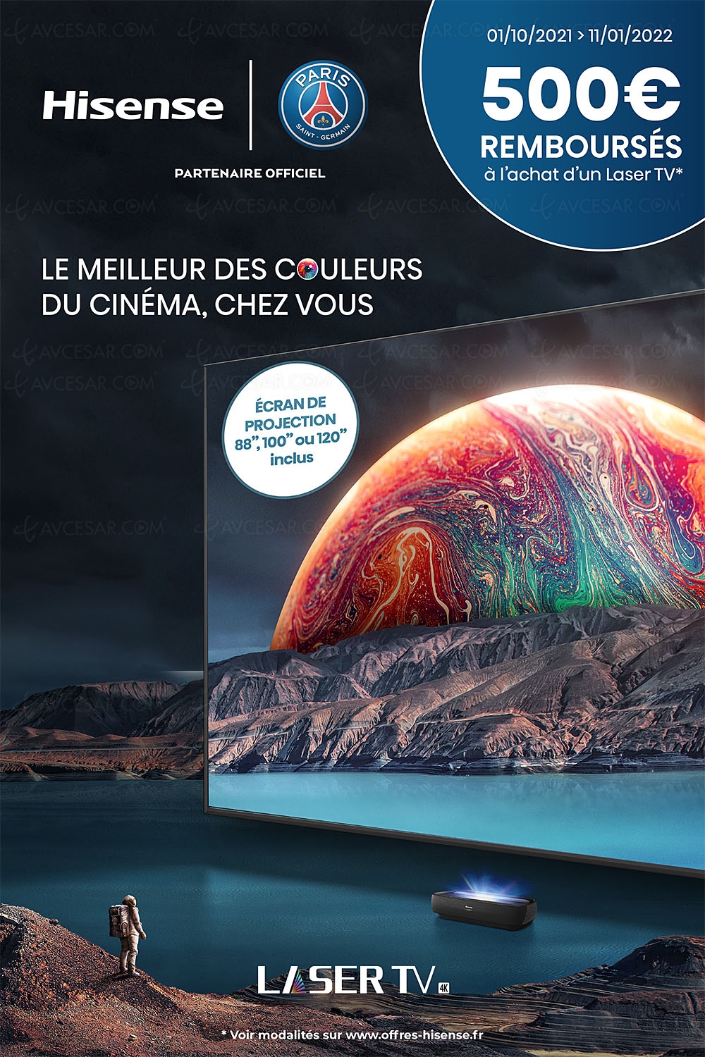 Offre de remboursement Hisense Laser&nbsp;TV 88''/100''/120'', jusqu'à 500&nbsp;€&nbsp;remboursés