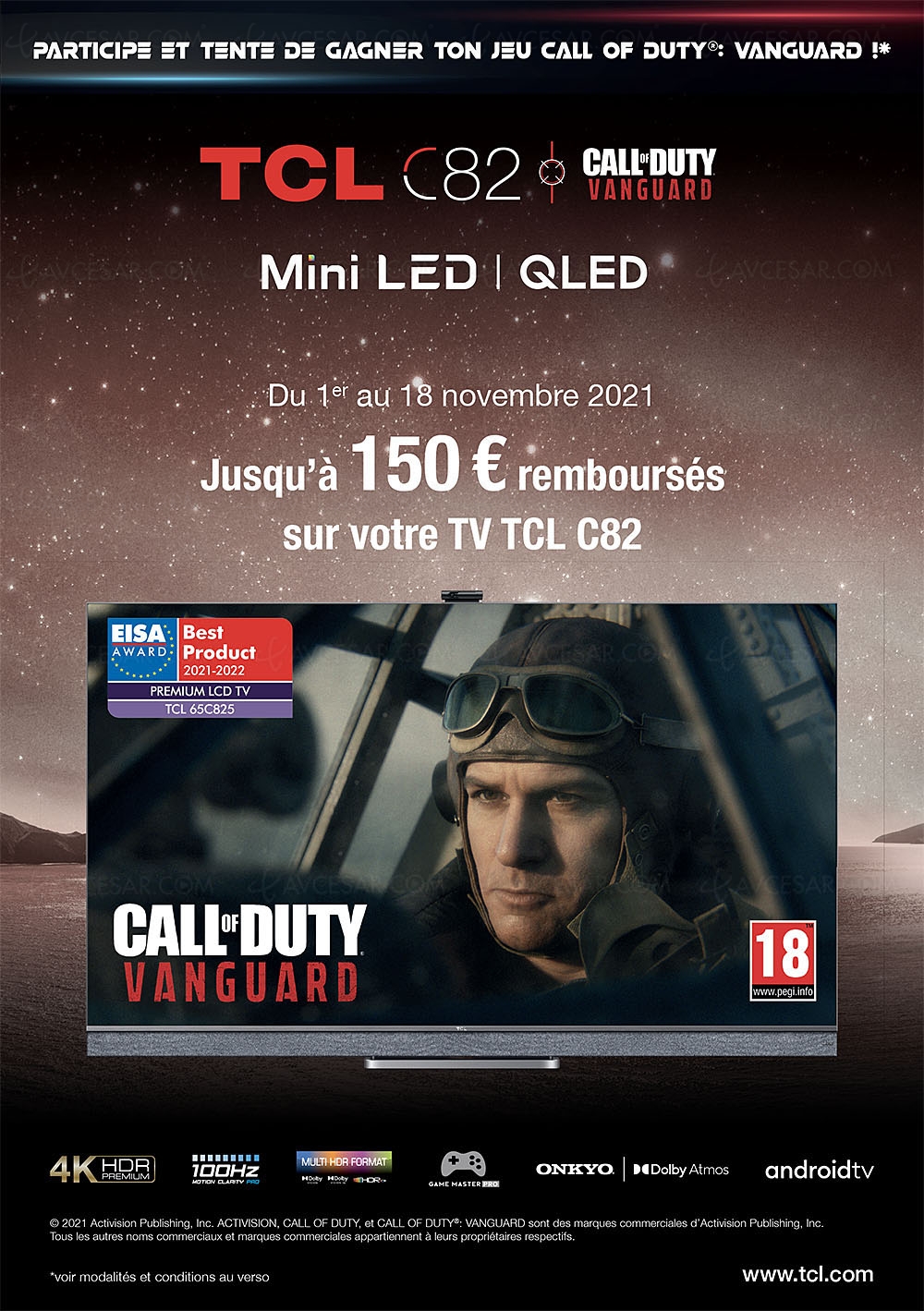 Offre de remboursement TV Mini&nbsp;LED Ultra&nbsp;HD 4K TCL&nbsp;C825, jusqu'à 150&nbsp;€&nbsp;remboursés