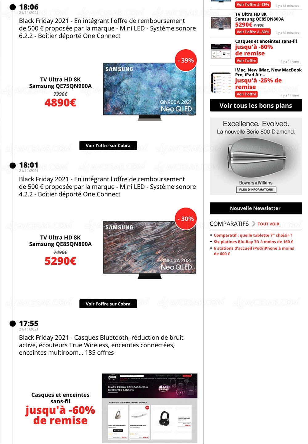 Black Friday 2021 > Meilleures offres du&nbsp;21/11 mises à jour par&nbsp;AVCesar.com&nbsp;: TV Oled/LED, enceintes, casques,&nbsp;smartphones…