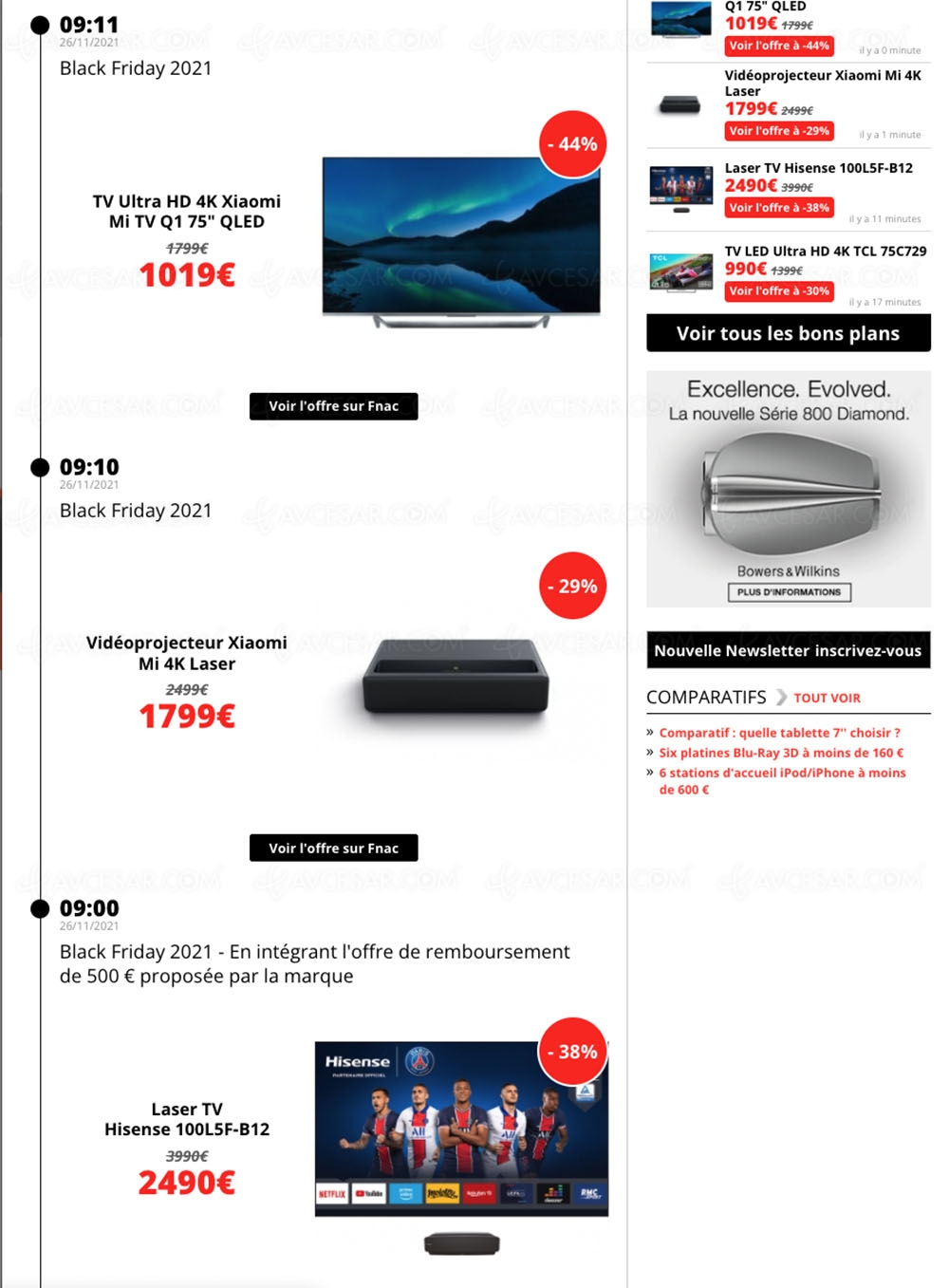 Black Friday 2021 > Meilleures offres du&nbsp;27/11 mises à jour par&nbsp;AVCesar.com&nbsp;: TV&nbsp;Oled/LED, enceintes, casques,&nbsp;smartphones…