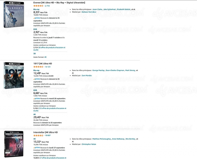 Bon plan Amazon, 293 coffrets 4K Ultra HD Blu‑Ray à 15 € prix maximum