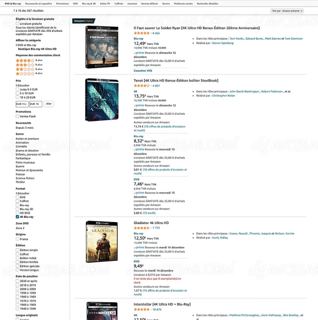 Bon plan Amazon, 274 coffrets 4K Ultra HD Blu‑Ray à 15 € prix maximum