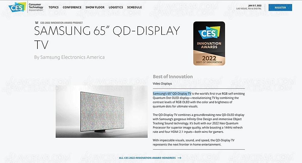 CES 22 > TV UHD 4K QD‑Display Samsung&nbsp;65''&nbsp;: technologie QD&nbsp;Oled et déjà lauréat d'un prix CES&nbsp;2022 Best&nbsp;of Innovation&nbsp;Awards