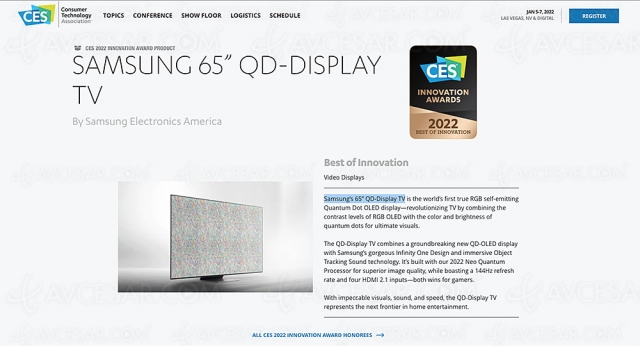 CES 22 > TV UHD 4K QD‑Display Samsung 65'' : technologie QD Oled et déjà lauréat d'un prix CES 2022 Best of Innovation Awards
