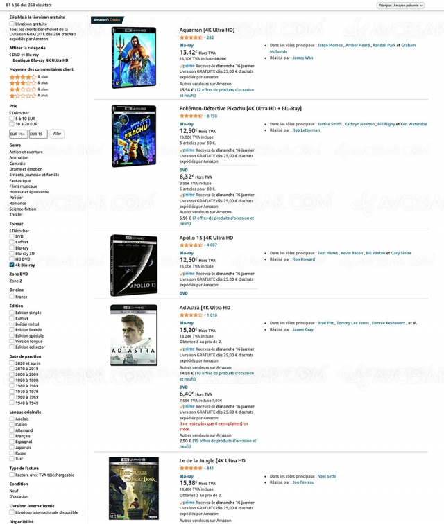 Bon plan Amazon, 268 coffrets 4K Ultra HD Blu‑Ray à 15 € prix maximum