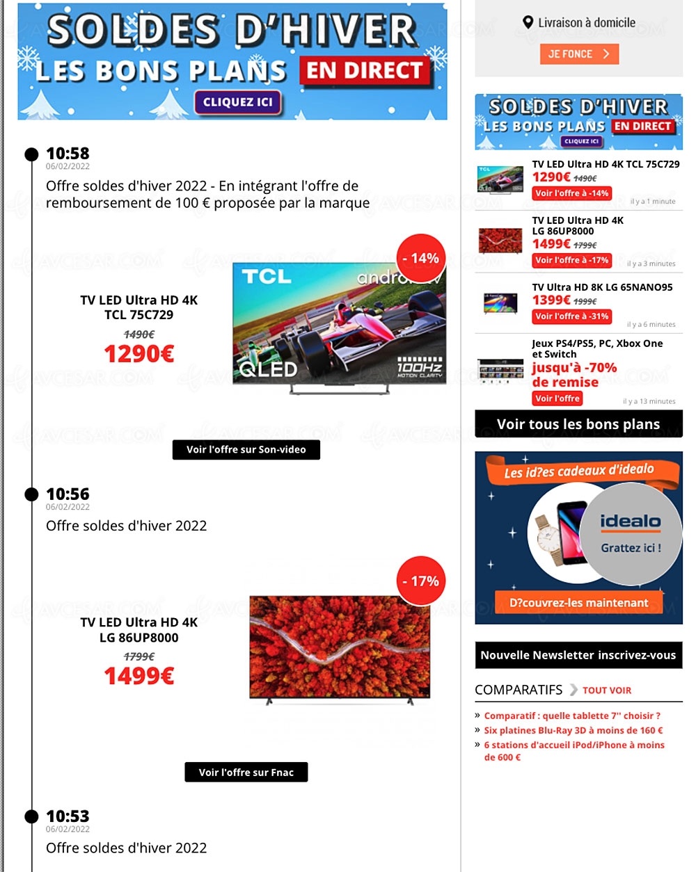 Bons plan 2022, sélection promos AVCesar.com du&nbsp;06/02&nbsp;: nombreuses offres TV&nbsp;Oled, TV&nbsp;LED, 4K/8K,&nbsp;smartphones…