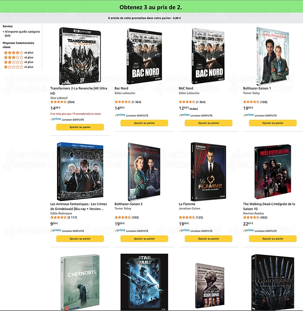 Promotion Amazon, deux 4K Ultra&nbsp;HD achetés, un&nbsp;3e&nbsp;offert parmi 100&nbsp;titres